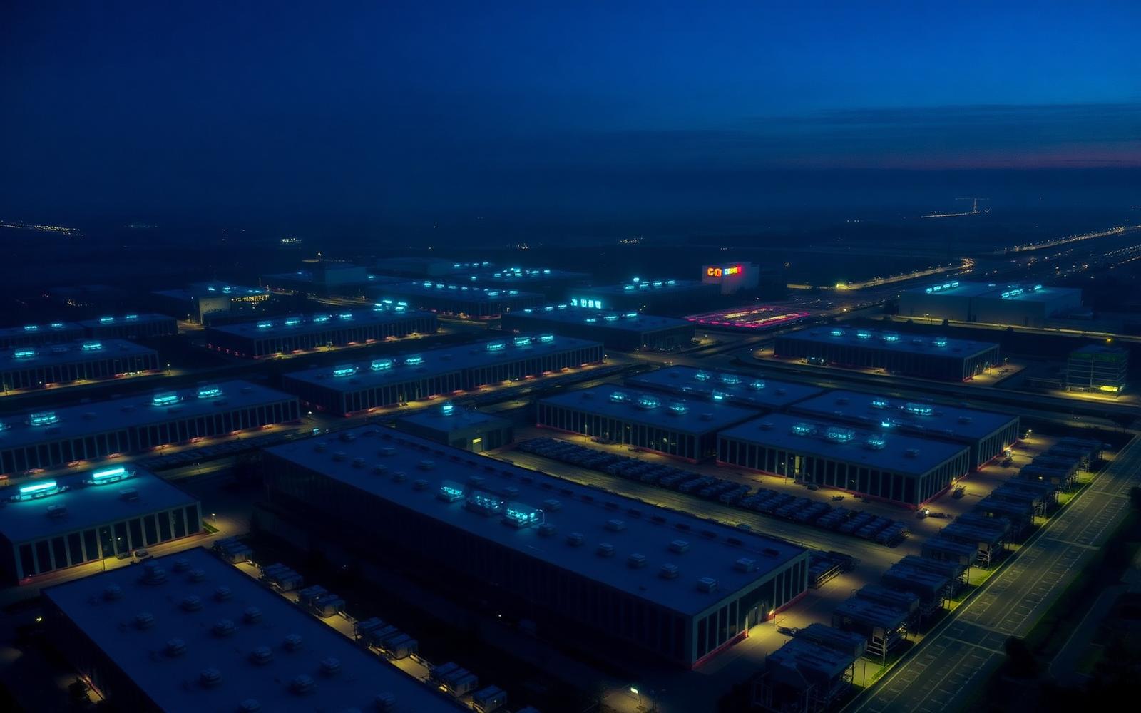 Aerial dusk view of a Northern Virginia data center campus with illuminated rooftop mechanical units and rows of cooling equipment.