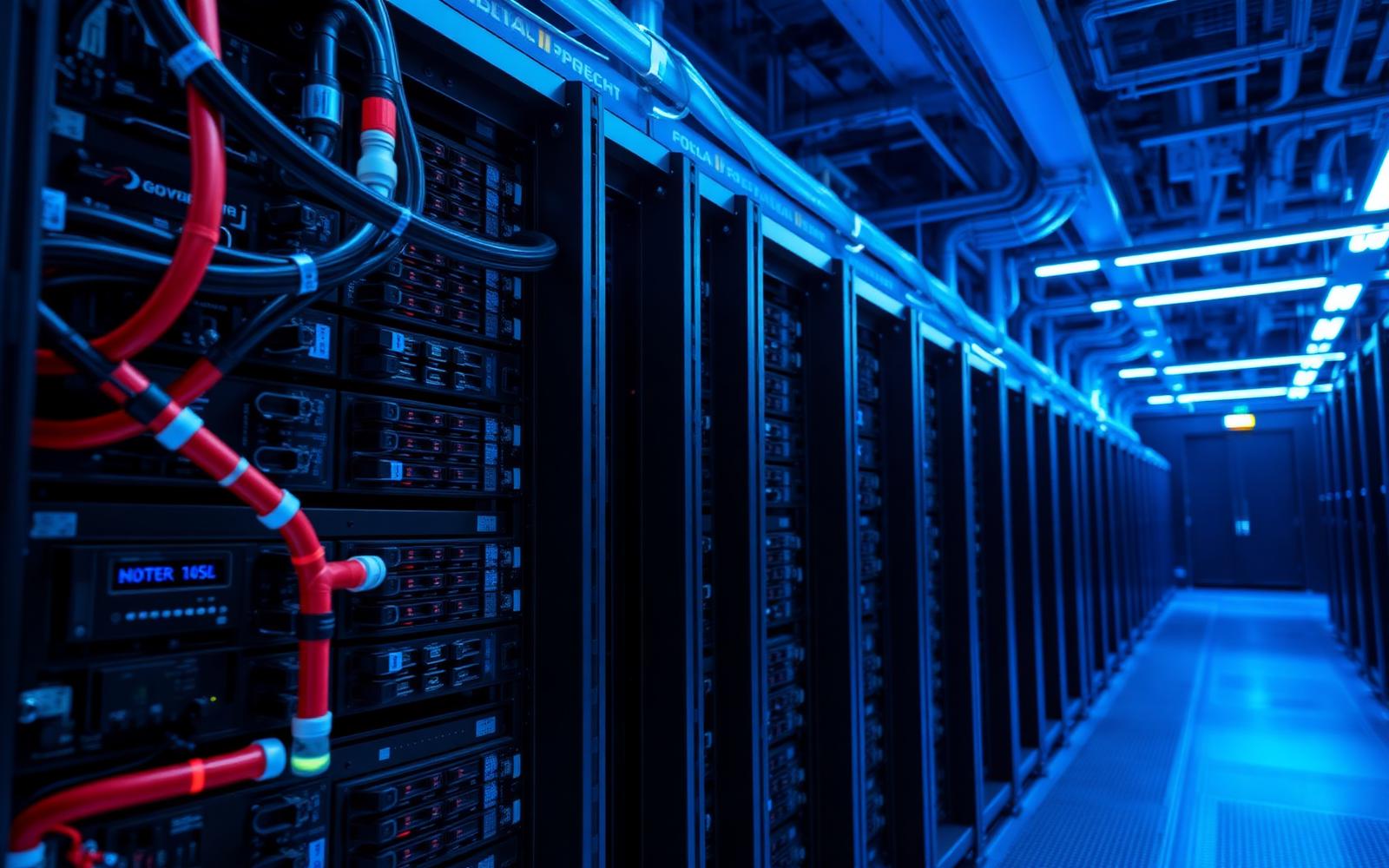 Dense high-density AI compute racks with liquid cooling manifolds and coolant tubing.