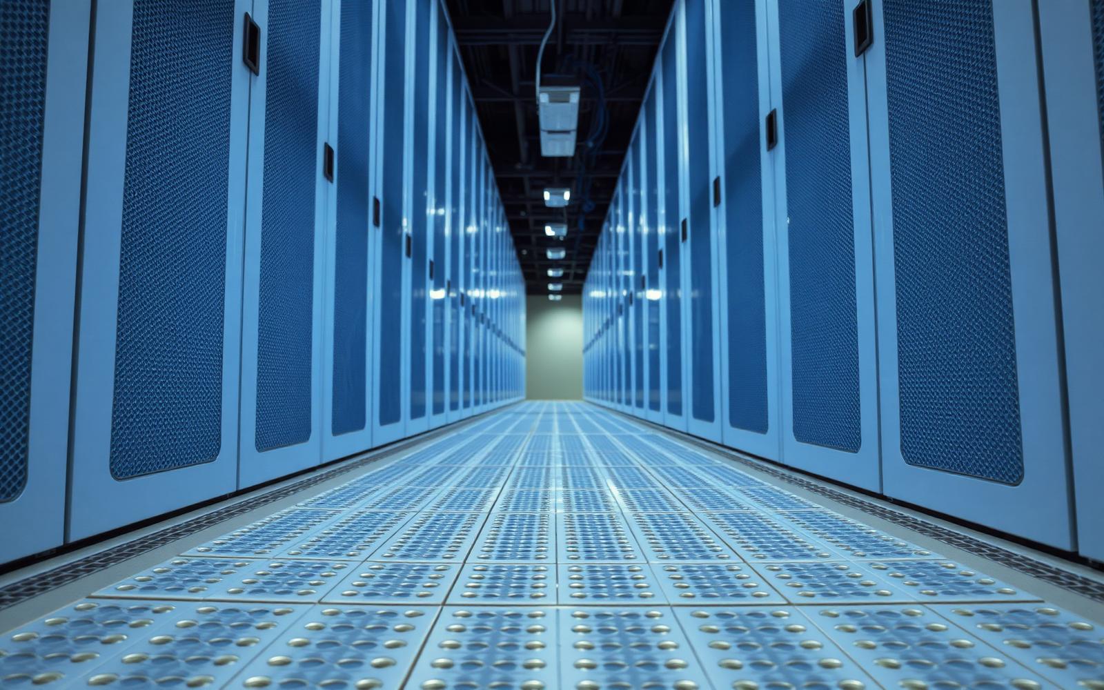 Raised access floor tiles in a cold aisle with cool blue lighting.