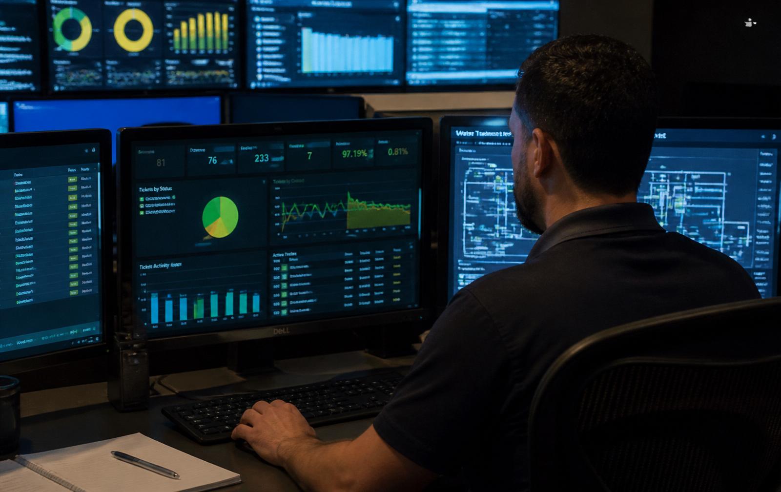 Operations center operator reviewing dashboards on a wall of monitors.