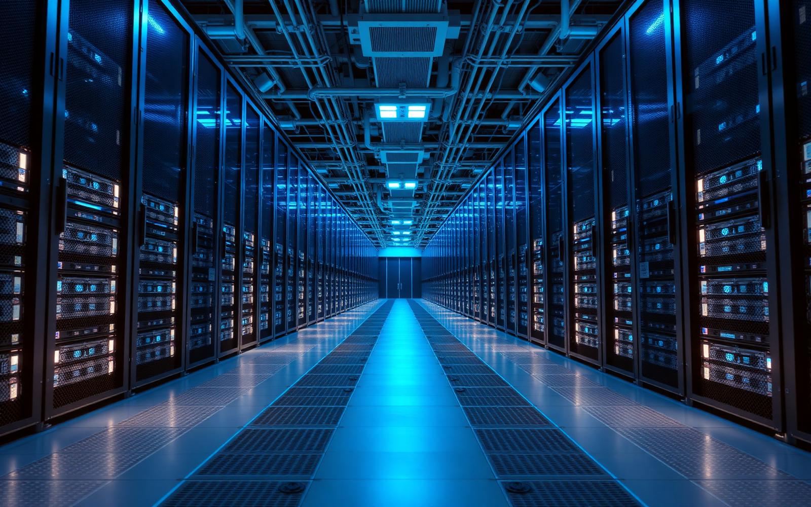 Pristine data center aisle with rows of blue-lit server racks and raised flooring.