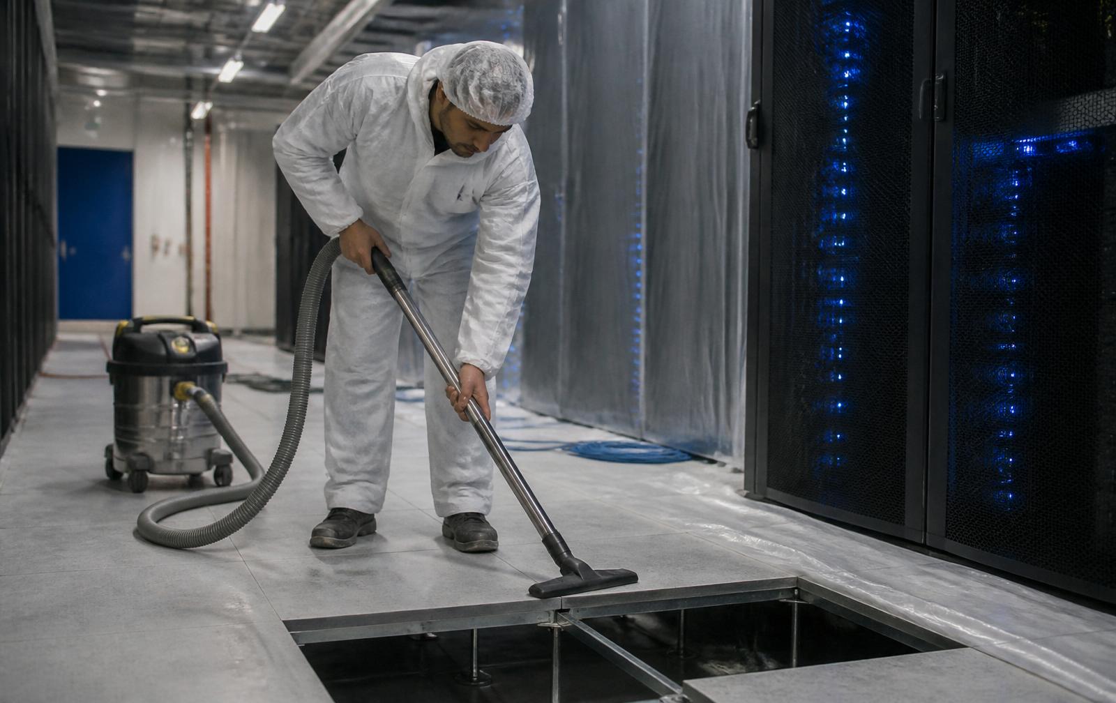 Technician in coveralls cleaning a newly constructed data center hall with protective sheeting on adjacent racks.